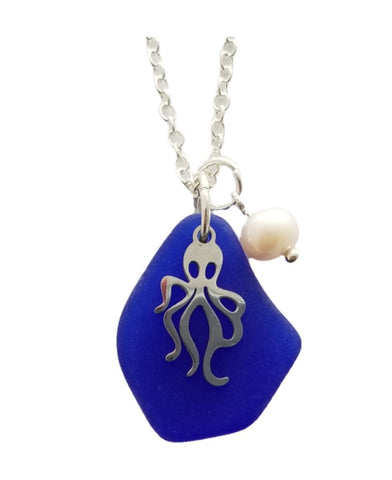 Hawaiian Jewelry Sea Glass Necklace, Cobalt Blue Necklace Pearl Kraken Octopus Necklace, Beach Sea Glass Jewelry (September Birthstone Gift)
