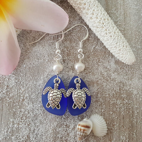 Hawaiian Jewelry Sea Glass Earrings, Twin Turtle Earrings Cobalt Blue Earrings, Pearl Sea Glass Jewelry Beach Earrings(September Birthstone)