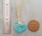 Handmade in Hawaii, Gold tone Wire wrapped Turquoise Bay blue Heart sea glass necklace, Gold plated chain, Hawaiian  jewelry