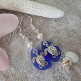 Hawaiian Jewelry Sea Glass Earrings, Twin Turtle Earrings Cobalt Blue Earrings, Pearl Sea Glass Jewelry Beach Earrings(September Birthstone)