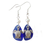 Hawaiian Jewelry Sea Glass Earrings, Twin Turtle Earrings Cobalt Blue Earrings, Pearl Sea Glass Jewelry Beach Earrings(September Birthstone)