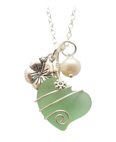 Hawaiian Jewelry Sea Glass Necklace, Wire Heart Necklace Peridot Green Necklace, Hibiscus Pearl, Beach Jewelry (August Birthstone)