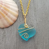 Handmade in Hawaii, Gold tone Wire wrapped Turquoise Bay blue Heart sea glass necklace, Gold plated chain, Hawaiian  jewelry