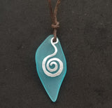 Hawaiian Jewelry Sea Glass Necklace, "Island Breeze" Wire Swirls Leather Cord Necklace Unisex Sea Glass Jewelry (December Birthstone Gift)