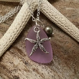 Hawaiian Jewelry Sea Glass Necklace, "Magical Color Changing" Purple Necklace Starfish Necklace Sea Glass Birthday Gift(February Birthstone)