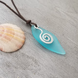 Hawaiian Jewelry Sea Glass Necklace, "Island Breeze" Wire Swirls Leather Cord Necklace Unisex Sea Glass Jewelry (December Birthstone Gift)