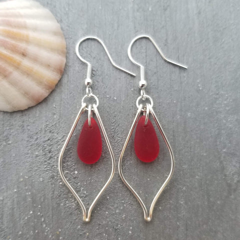 Hawaiian Jewelry Sea Glass Earrings, Wire Loop Red Earrings, Sea Glass Jewelry Beach Jewelry,  Birthday Gift (January Birthstone Jewelry)