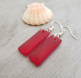 Hawaiian Jewelry Sea Glass Earrings, Rectangle Minimalist Earrings Ruby Red Earrings, Sea Glass Jewelry Birthday Gift (July Birthstone)