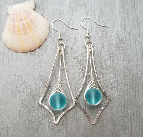 Handmade in Hawaii, Hammered Wire Loop, Wire Braided blue sea glass earrings, Hawaii gift wrapped, customizable gift message