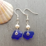 Handmade in Hawaii,, Genuine surf tumbled natural Cobalt sea glass earrings, Rare match for a nice pair, Natural pearl, Birthday Gift