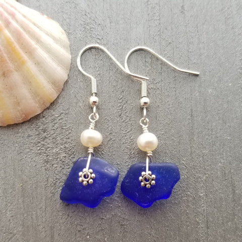 Handmade in Hawaii,, Genuine surf tumbled natural Cobalt sea glass earrings, Rare match for a nice pair, Natural pearl, Birthday Gift