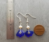 Handmade in Hawaii,, Genuine surf tumbled natural Cobalt sea glass earrings, Rare match for a nice pair, Natural pearl, Birthday Gift