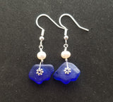 Handmade in Hawaii,, Genuine surf tumbled natural Cobalt sea glass earrings, Rare match for a nice pair, Natural pearl, Birthday Gift