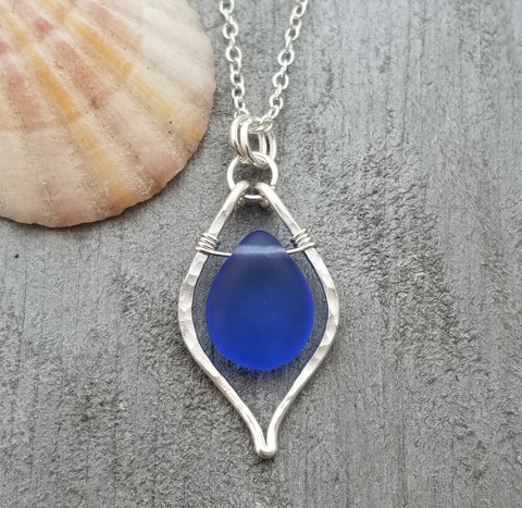 Hawaiian Jewelry Sea Glass Necklace, Hammered Wire Cobalt Blue Necklace, Sea Glass Jewelry Birthday Gifts (September Birthstone Jewelry)