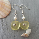 Hawaiian Jewelry Sea Glass Earrings, Light Weight Yellow Earrings, Pearl Beach Jewelry Sea Glass Jewelry Birthday Gift (November Birthstone)