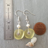 Hawaiian Jewelry Sea Glass Earrings, Light Weight Yellow Earrings, Pearl Beach Jewelry Sea Glass Jewelry Birthday Gift (November Birthstone)