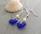 Handmade in Hawaii,, Genuine surf tumbled natural Cobalt sea glass earrings, Rare match for a nice pair, Natural pearl, Birthday Gift