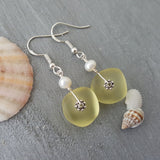 Hawaiian Jewelry Sea Glass Earrings, Light Weight Yellow Earrings, Pearl Beach Jewelry Sea Glass Jewelry Birthday Gift (November Birthstone)