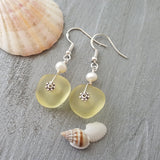 Hawaiian Jewelry Sea Glass Earrings, Light Weight Yellow Earrings, Pearl Beach Jewelry Sea Glass Jewelry Birthday Gift (November Birthstone)