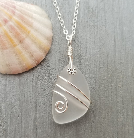 Hawaiian Jewelry Sea Glass Necklace, Wire Crystal Necklace, Sea Glass Jewelry Beach Jewelry Birthday Gift For Her (April Birthstone Jewelry)