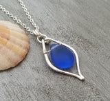 Hawaiian Jewelry Sea Glass Necklace, Hammered Wire Cobalt Blue Necklace, Sea Glass Jewelry Birthday Gifts (September Birthstone Jewelry)