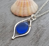 Hawaiian Jewelry Sea Glass Necklace, Hammered Wire Cobalt Blue Necklace, Sea Glass Jewelry Birthday Gifts (September Birthstone Jewelry)