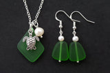 Hawaiian Jewelry Sea Glass Jewelry Set For Women, Emerald Pearl Turtle Necklace Earrings Beach Jewelry Set Birthday Gift (May Birthstone)