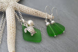 Hawaiian Jewelry Sea Glass Jewelry Set For Women, Emerald Pearl Turtle Necklace Earrings Beach Jewelry Set Birthday Gift (May Birthstone)