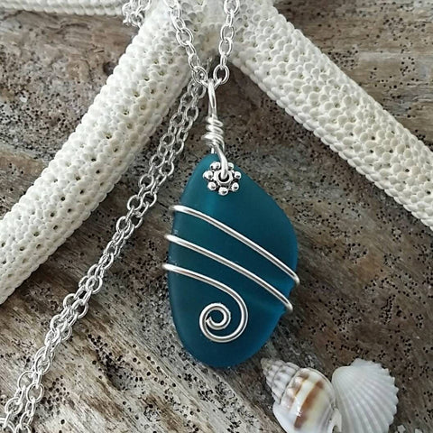 Handmade in Hawaii, Wire wrapped teal blue sea glass necklace, gift box, Mother's Day Gifts.sea glass jewelry.