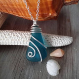 Handmade in Hawaii,  wire wrapped teal blue sea glass necklace,   gift for her, Sea glass jewelry.