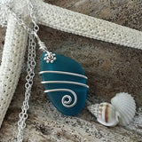 Handmade in Hawaii, Wire wrapped teal blue sea glass necklace, gift box, Mother's Day Gifts.sea glass jewelry.