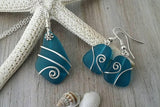 Hawaiian Jewelry Sea Glass Set, Wired Wrapped Teal Necklace Earrings Jewelry Set, Beachy Sea Glass Jewelry For Women Unique Jewelry Set