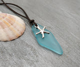 Hawaiian Jewelry Sea Glass Necklace, Turquoise Necklace Blue Necklace Starfish Necklace Leather Cord Necklace, (December Birthstone Jewelry)