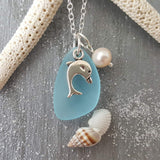 Hawaiian Jewelry Sea Glass Necklace, Dolphin Necklace Turquoise Blue Necklace, Pearl Sea Glass Jewelry Birthday Gift (December Birthstone)