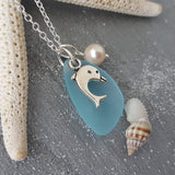 Hawaiian Jewelry Sea Glass Necklace, Dolphin Necklace Turquoise Blue Necklace, Pearl Sea Glass Jewelry Birthday Gift (December Birthstone)