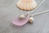 Hawaiian Jewelry Sea Glass Necklace, Pink Necklace Turtle Necklace Pearl Beach Sea Glass Jewelry Birthday Gift For Girl (October Birthstone)