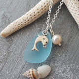 Hawaiian Jewelry Sea Glass Necklace, Dolphin Necklace Turquoise Blue Necklace, Pearl Sea Glass Jewelry Birthday Gift (December Birthstone)