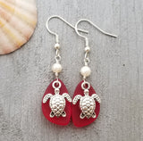 Hawaiian Jewelry Sea Glass Earrings, Red Earrings Turtle Earrings Pearl Earrings, Sea Glass Jewelry Beach Jewelry(January Birthstone Jewelry