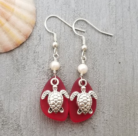 Hawaiian Jewelry Sea Glass Earrings, Red Earrings Turtle Earrings Pearl Earrings, Sea Glass Jewelry Beach Jewelry(January Birthstone Jewelry