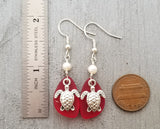 Hawaiian Jewelry Sea Glass Earrings, Red Earrings Turtle Earrings Pearl Earrings, Sea Glass Jewelry Beach Jewelry(January Birthstone Jewelry