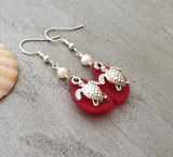 Hawaiian Jewelry Sea Glass Earrings, Red Earrings Turtle Earrings Pearl Earrings, Sea Glass Jewelry Beach Jewelry(January Birthstone Jewelry