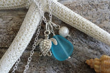 Handmade in Hawaii, Pacific blue blue sea glass beach glass necklace,Sea turtle charm ,Natural  pearl,   gift box