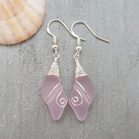 Hawaiian Jewelry Sea Glass Earrings, Wire Wave Earrigns Pink Earrings, Sea Glass Jewelry Beach Jewelry Birthday Gift (October Birthstone)