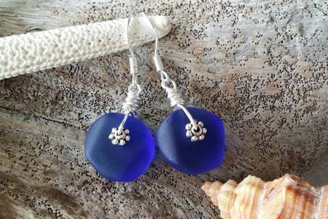 Hawaiian Jewelry Sea Glass Earrings, Light Weight Cobalt Blue Earrings, Sea Glass Jewelry Beach Birthday Gift (September Birthstone Jewelry)