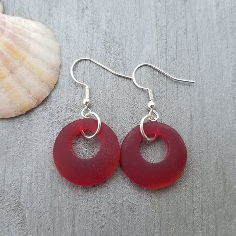 Hawaiian Jewelry Sea Glass Earrings, Minimalist Earrings Ruby Red Earrings, Sea Glass Jewelry Beach Jewelry Birthday Gift (July Birthstone)
