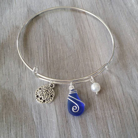 Hawaiian Jewelry Sea Glass Bracelet, Cobalt Blue Bracelet Sand Dollar Beach Bracelet, Sea Glass Jewelry Birthday Gift (September Birthstone)
