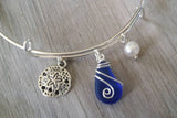 Hawaiian Jewelry Sea Glass Bracelet, Cobalt Blue Bracelet Sand Dollar Beach Bracelet, Sea Glass Jewelry Birthday Gift (September Birthstone)