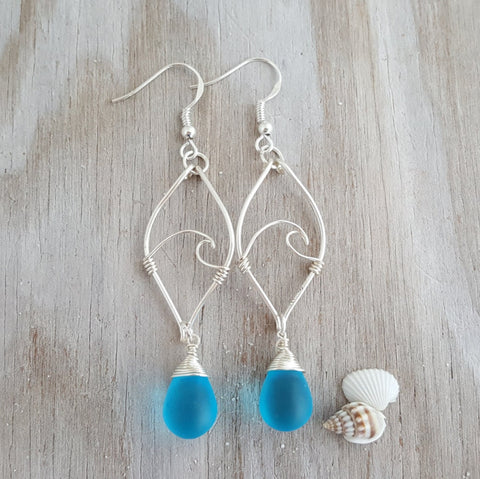 Made in Hawaii, "Twin Tiny Waves" Turquoise Bay blue sea glass earrings,    Beach jewelry gift.