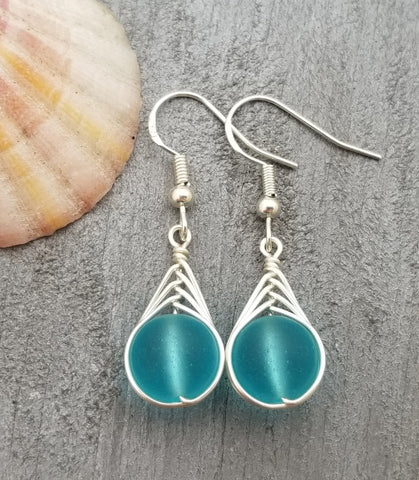 Hawaiian Jewelry Sea Glass Earrings, Braided Small Round Turquoise Earrings Blue Earrings, Sea Glass Jewelry (December Birthstone Jewelry)