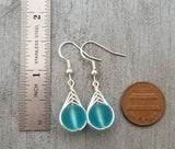 Hawaiian Jewelry Sea Glass Earrings, Braided Small Round Turquoise Earrings Blue Earrings, Sea Glass Jewelry (December Birthstone Jewelry)
